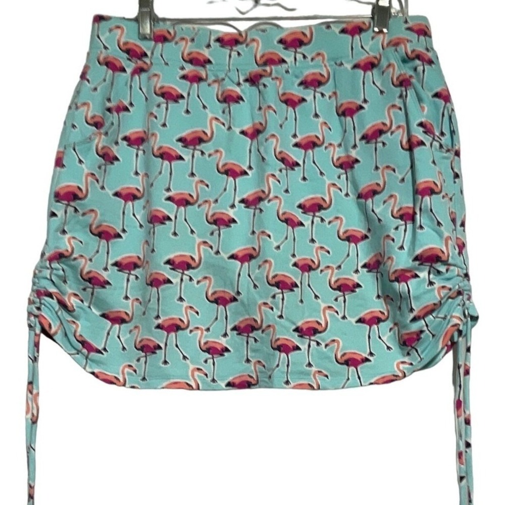 Crown & Ivy Womens Flamingo Print Ruched Side Skort Turquoise Blue Size M